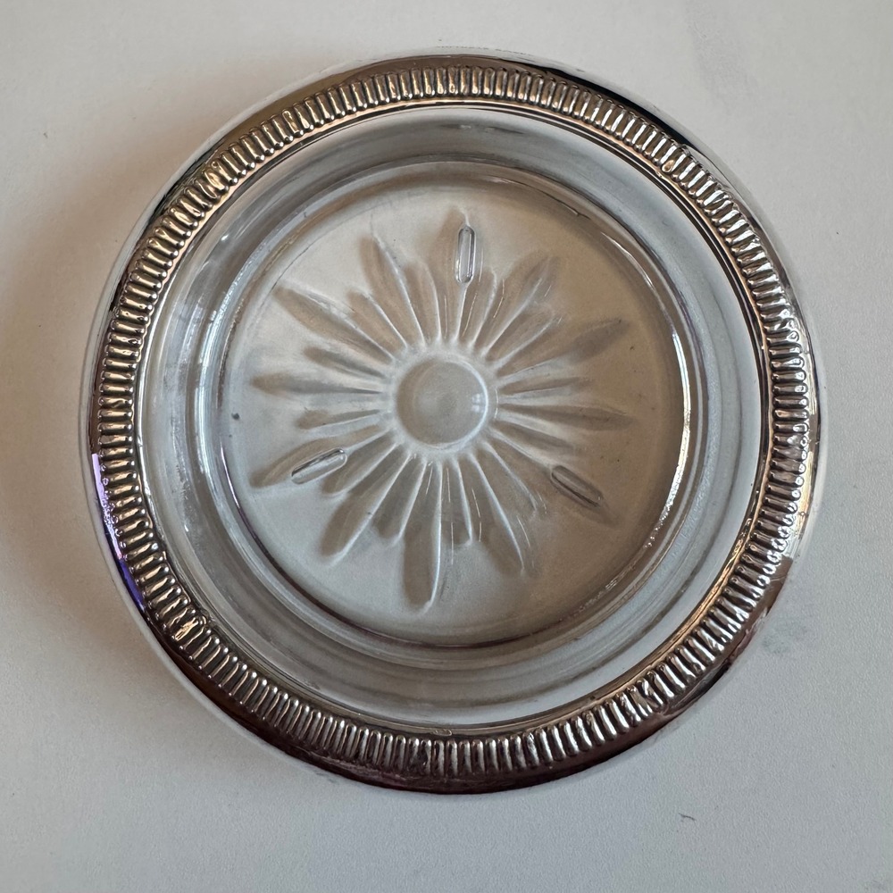 Crown Sterling Silver Rimmed Glass Coaster Sunburst bareware 1950's 3.75in